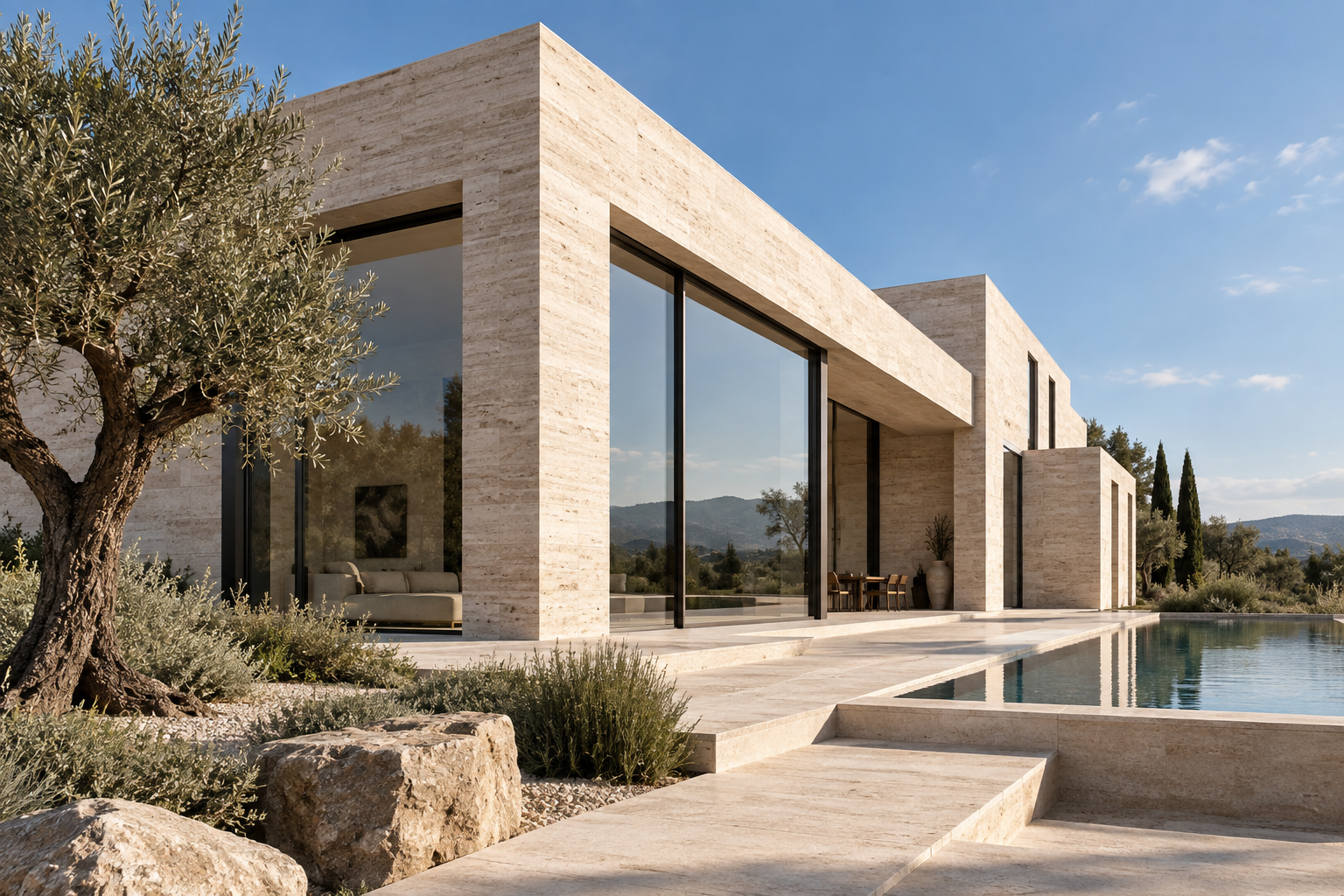 Architettura contemporanea in pietra e vetro